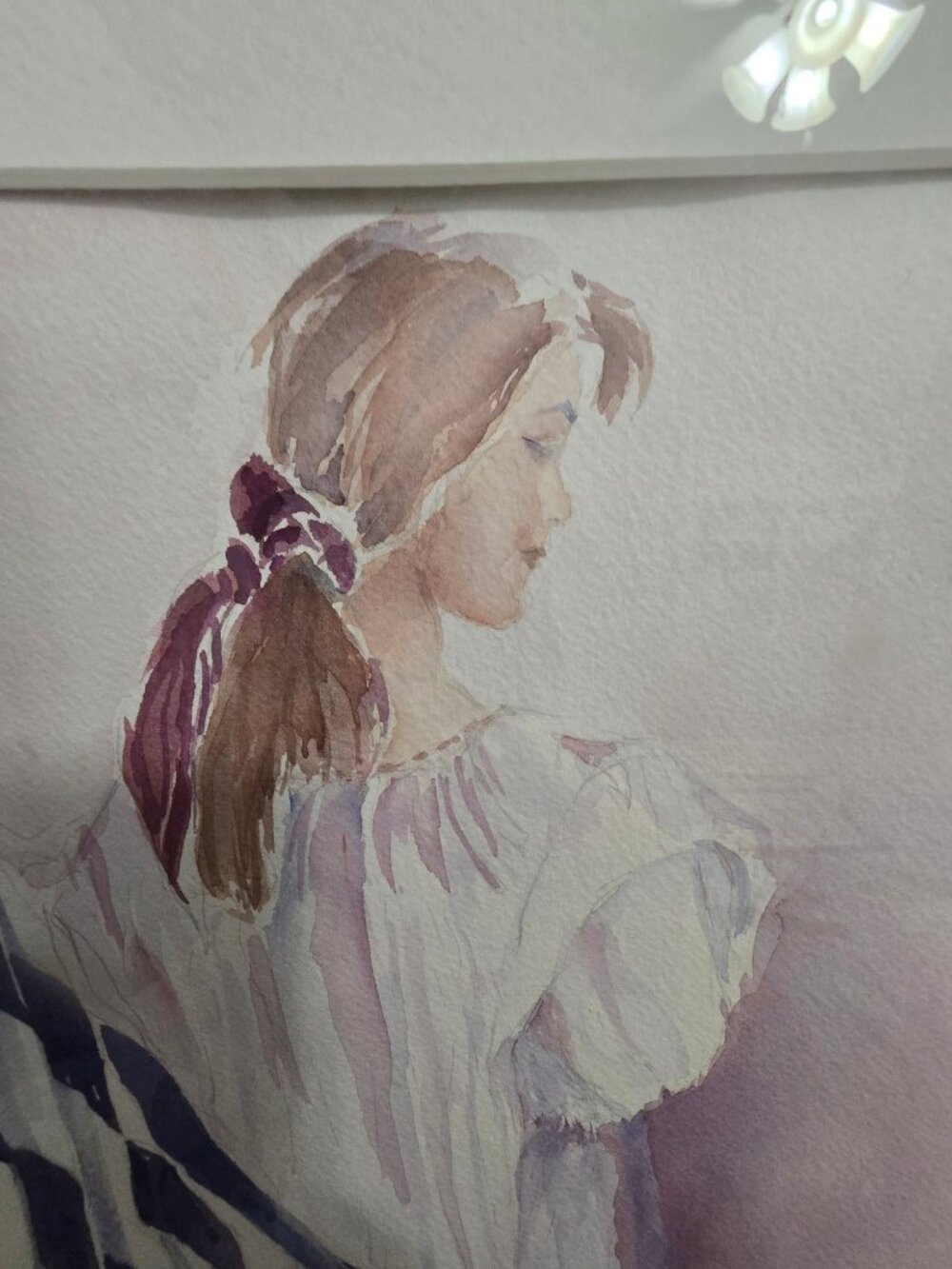 Woman With Blue & White Striped Cloth Watercolor By Hennessey In Silver Frame - Picture 6 of 14